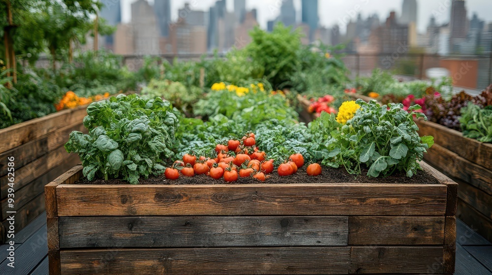 urban rooftop garden with raised wooden beds full of lush vegetables ...