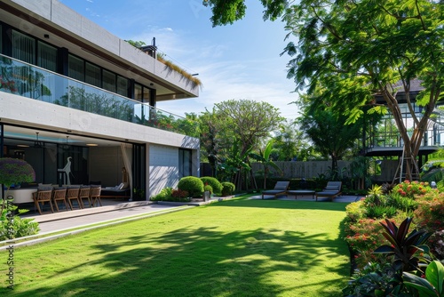 This image depicts a contemporary home with a spacious garden, luxurious outdoor seating, and lush greenery.