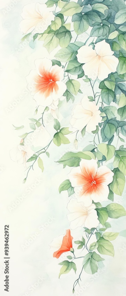 Fototapeta premium A delicate watercolor illustration featuring blooming flowers intertwined with lush green leaves, creating a serene and vibrant atmosphere.