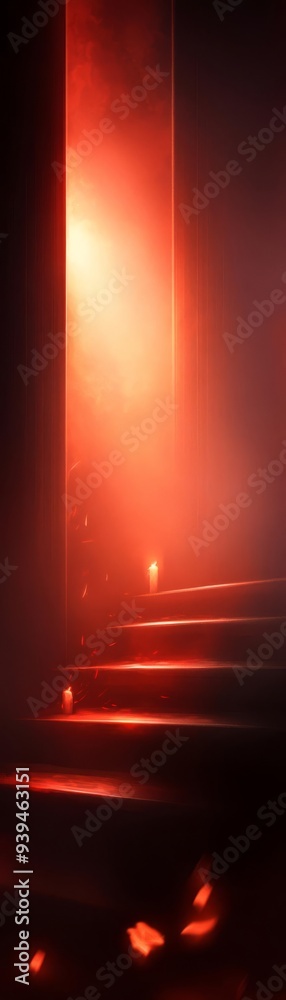 A dramatic scene featuring illuminated stairs in a misty atmosphere, evoking mystery and intrigue with vibrant red light. A dramatic scene featuring illuminated stairs in a misty atmosphere, evoking mystery and intrigue with vibrant red light.