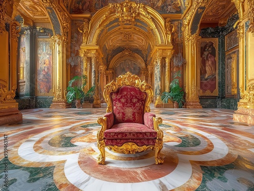 opulent gilded throne in grand castle hall intricate baroque details rich jewel tones dramatic lighting regal atmosphere fantasy royalty setting photo