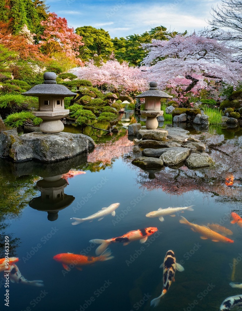 Naklejka premium 鯉のいる池、石灯籠、満開の桜が調和した静かな日本庭園