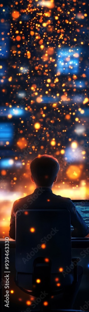 A figure gazing at a luminous display, surrounded by floating lights, evoking a sense of wonder and creativity in a digital realm. A figure gazing at a luminous display, surrounded by floating lights, evoking a sense of wonder and creativity in a digital realm.