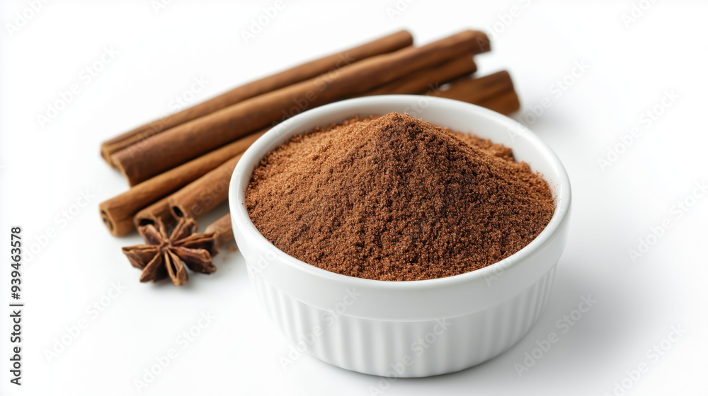 Cinnamon sticks and cinnamon powder in a white bowl isolated on a white background Cinnamon sticks and cinnamon powder in a white bowl isolated on a white background