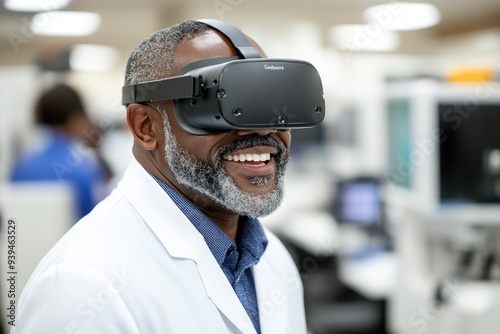 A Smiling Man Wearing a VR Headset in a Lab Coat