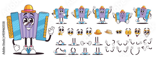 Funny Cartoon Accordion Character With Various Expressions And Accessories For Creative Projects, Music, Entertainment