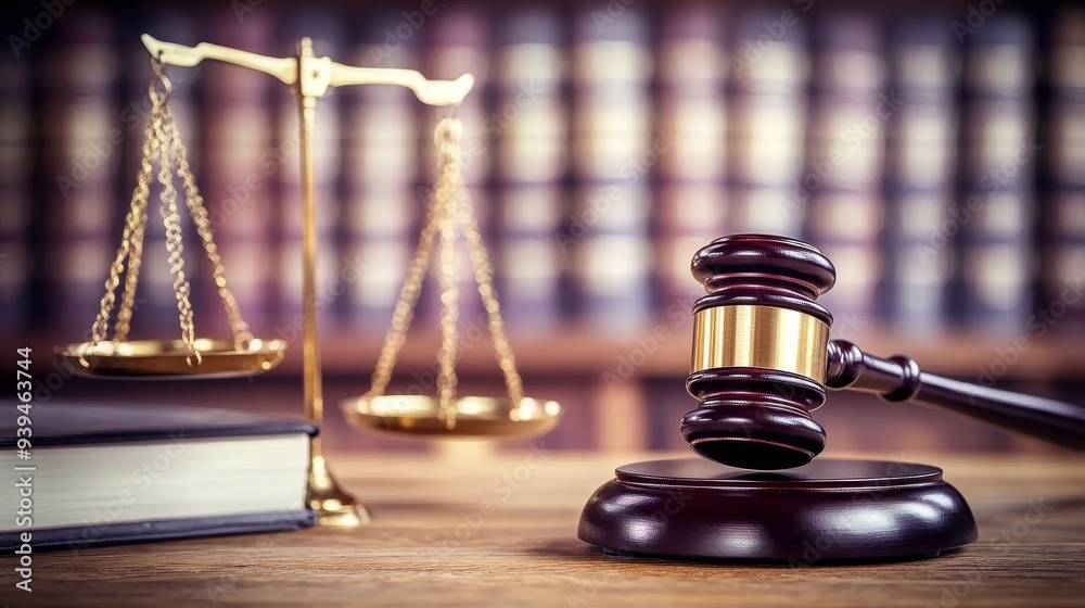 Wooden Gavel With Scales of Justice on a Wooden Desk in a Law Office Wooden Gavel With Scales of Justice on a Wooden Desk in a Law Office