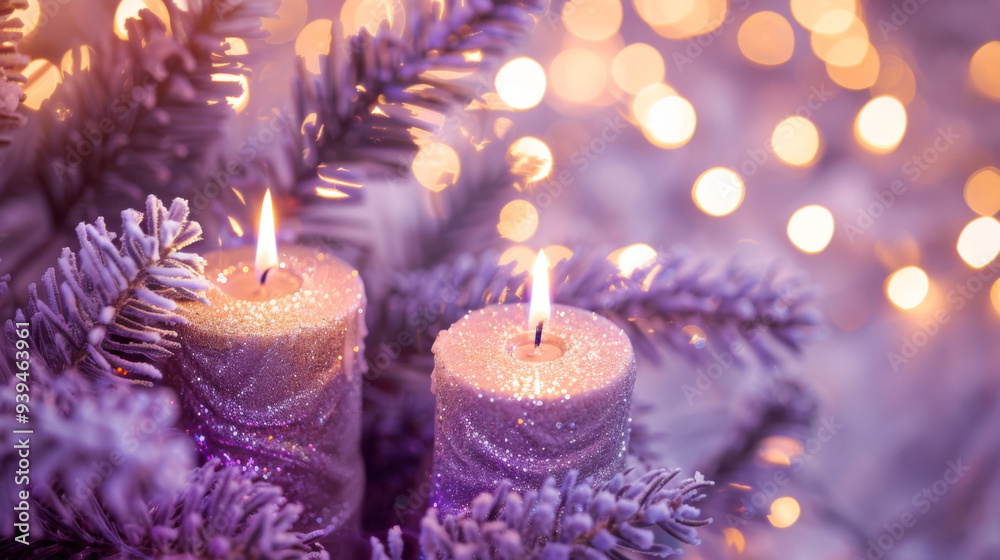 Candle on christmas tree branch with purple lights and blurred background Candle on christmas tree branch with purple lights and blurred background