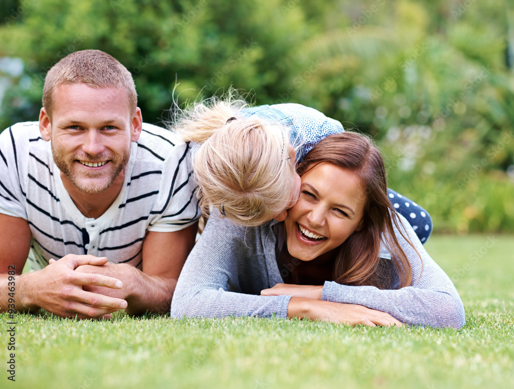 Family, girl and portrait for laughing on grass, love and security in childhood or outdoor happiness. Daughter, mother and father for support in relationship, connection and countryside for kiss Family, girl and portrait for laughing on grass, love and security in childhood or outdoor happiness. Daughter, mother and father for support in relationship, connection and countryside for kiss