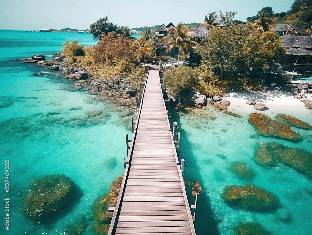 Superb Wooden pier or bridge with tropical beach Superb Wooden pier or bridge with tropical beach