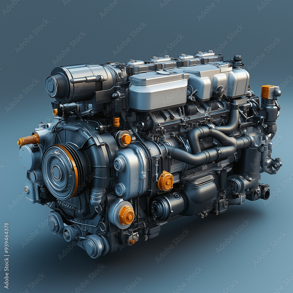 3D rendering of an engine, high resolution, highly detailed, realistic lighting and shadows, blue background, hyper-realistic 3D rendering of an engine, high resolution, highly detailed, realistic lighting and shadows, blue background, hyper-realistic