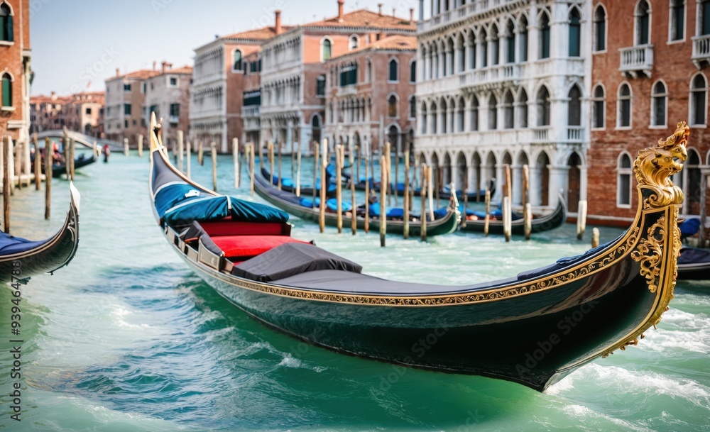 Fototapeta premium Traditional Venetian Gondolas with Ornate Details Floating on the Grand Canal