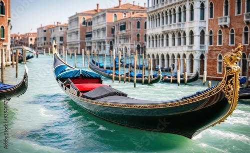 Traditional Venetian Gondolas with Ornate Details Floating on the Grand Canal