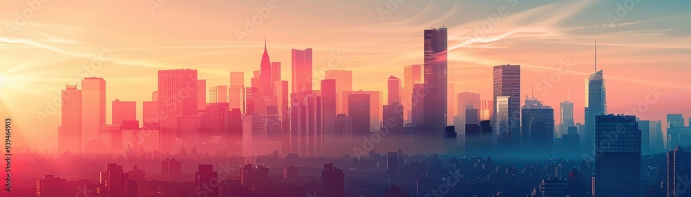 Stunning sunrise over a modern city skyline with colorful sky, ideal for urban, travel, and scenic themes. Stunning sunrise over a modern city skyline with colorful sky, ideal for urban, travel, and scenic themes.