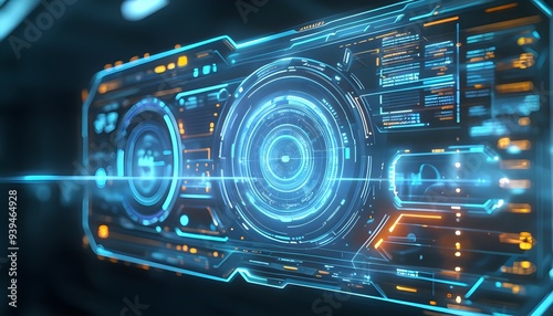 A futuristic, high-tech display with glowing blue and orange elements. The interface is sleek and modern, with a central circular target and various data points.