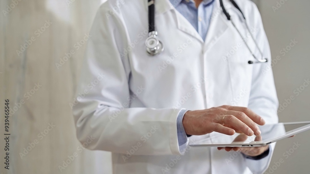 Doctor man with stethoscope using tablet computer in hospital. Medicine and science concepts Doctor man with stethoscope using tablet computer in hospital. Medicine and science concepts