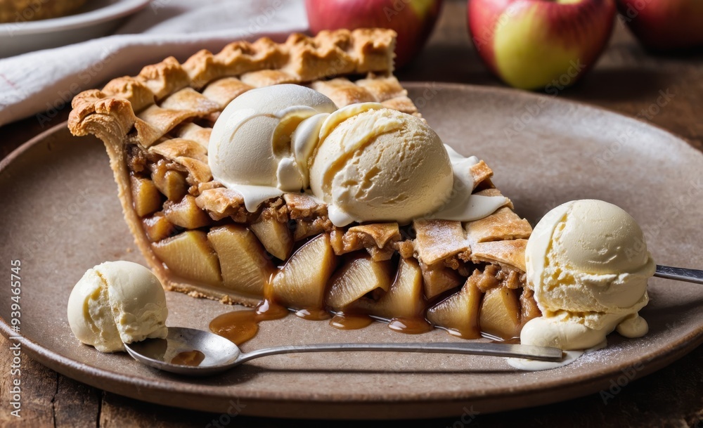 Classic Apple Pie Slice with Vanilla Ice Cream and Caramel Drizzle Classic Apple Pie Slice with Vanilla Ice Cream and Caramel Drizzle