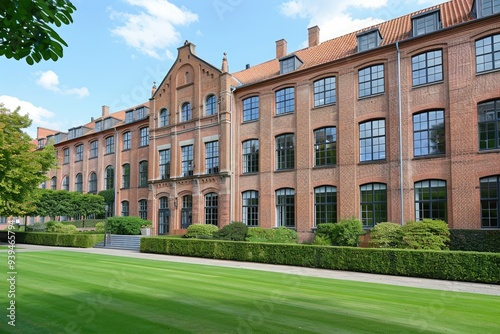 Brick Building with Many Windows and Lush Green Grass