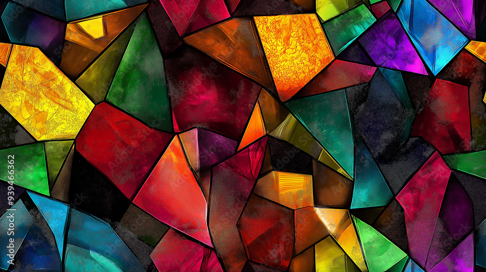 Abstract stained glass pattern with irregular colorful geometric shapes in vibrant hues, creating a mosaic effect. Seamless design ideal for backgrounds and creative applications. Abstract stained glass pattern with irregular colorful geometric shapes in vibrant hues, creating a mosaic effect. Seamless design ideal for backgrounds and creative applications.