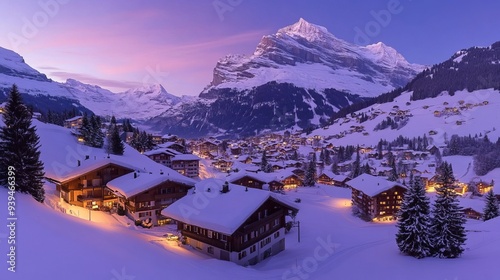 Panorama of Grindelwald at twilight in winter, Switzerland