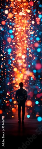 A silhouette stands before a vibrant explosion of colorful lights, evoking a sense of wonder and limitless possibilities.