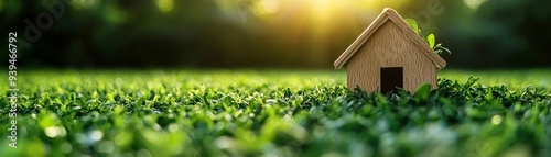 A small wooden house on vibrant green grass, bathed in sunlight. Symbolizes nature, growth, and the concept of home.