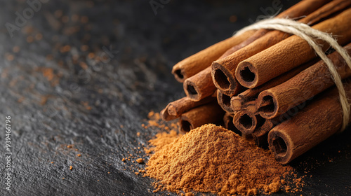 Dried cinnamon sticks and cinnamon powder on a dark background 