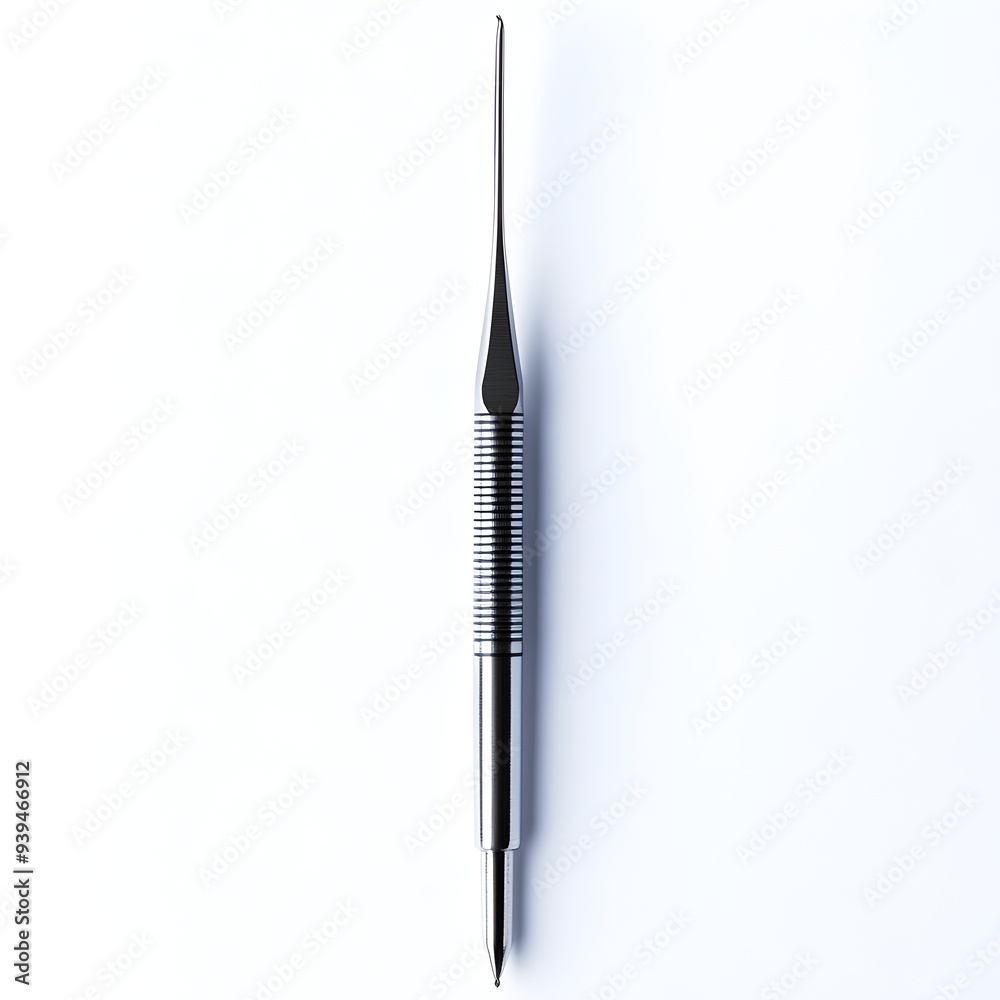 Close up photograph of a surgical scalpel with a protective cover placed at the center isolated on a clean white background Close up photograph of a surgical scalpel with a protective cover placed at the center isolated on a clean white background