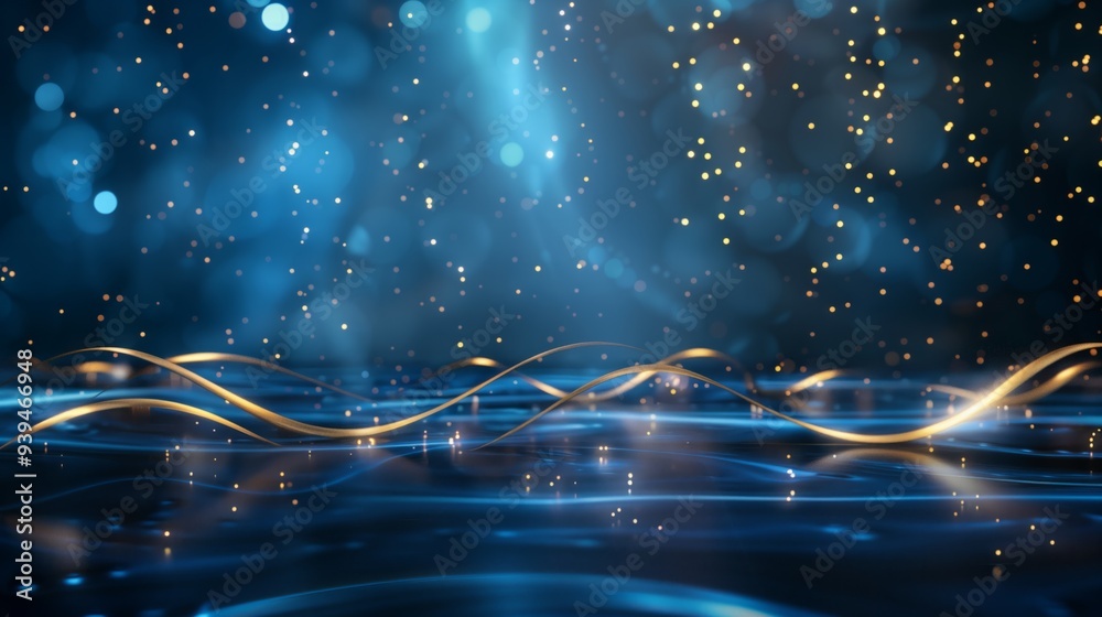 Obraz premium Empty blue stage background with gold curve line elements with light neon effects decoration and bokeh. Luxury scene design concept.
