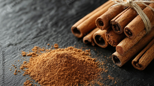Dried cinnamon sticks and cinnamon powder on a dark background 