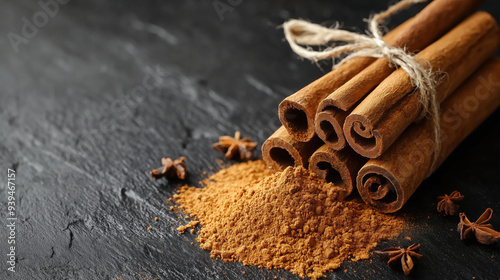 Dried cinnamon sticks and cinnamon powder on a dark background 