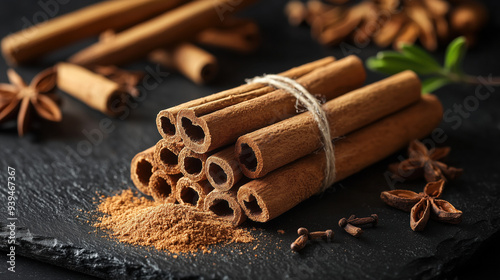 Dried cinnamon sticks and cinnamon powder on a dark background 