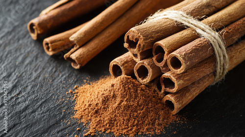 Dried cinnamon sticks and cinnamon powder on a dark background 