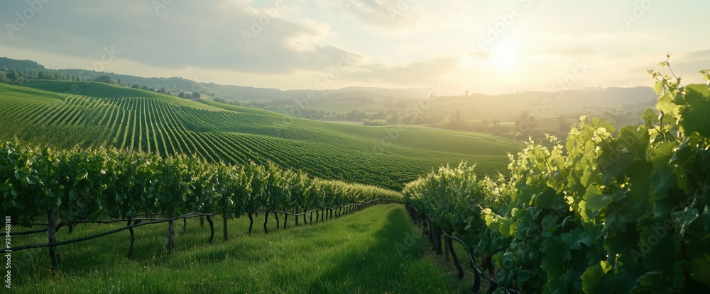 Naklejka premium Panoramic view of vineyards at sunset, showcasing vibrant green vines and warm orange hues, with sun rays casting a golden glow across the landscape.