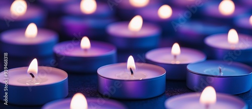 Close-up of tealight candles in white and blue showcasing purple lighting for International Overdose Awareness Day