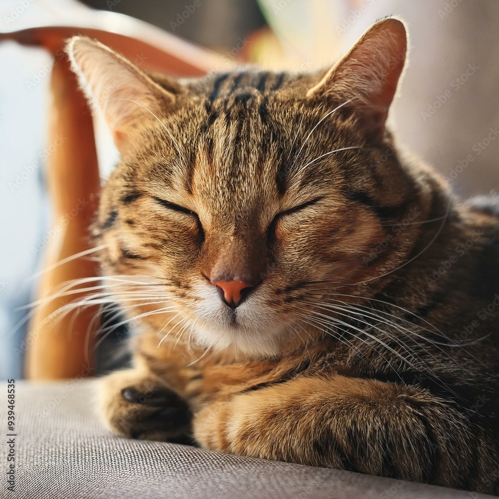 beautiful grey tabby cat resting on a chair, AI generated beautiful grey tabby cat resting on a chair, AI generated
