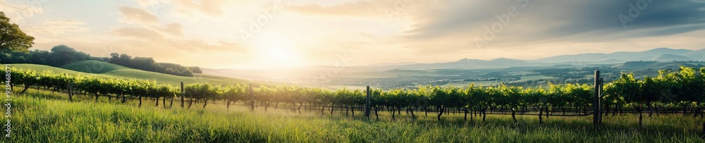 Panoramic view of vineyards at sunset, showcasing vibrant green vines and warm orange hues, with sun rays casting a golden glow across the landscape. Panoramic view of vineyards at sunset, showcasing vibrant green vines and warm orange hues, with sun rays casting a golden glow across the landscape.