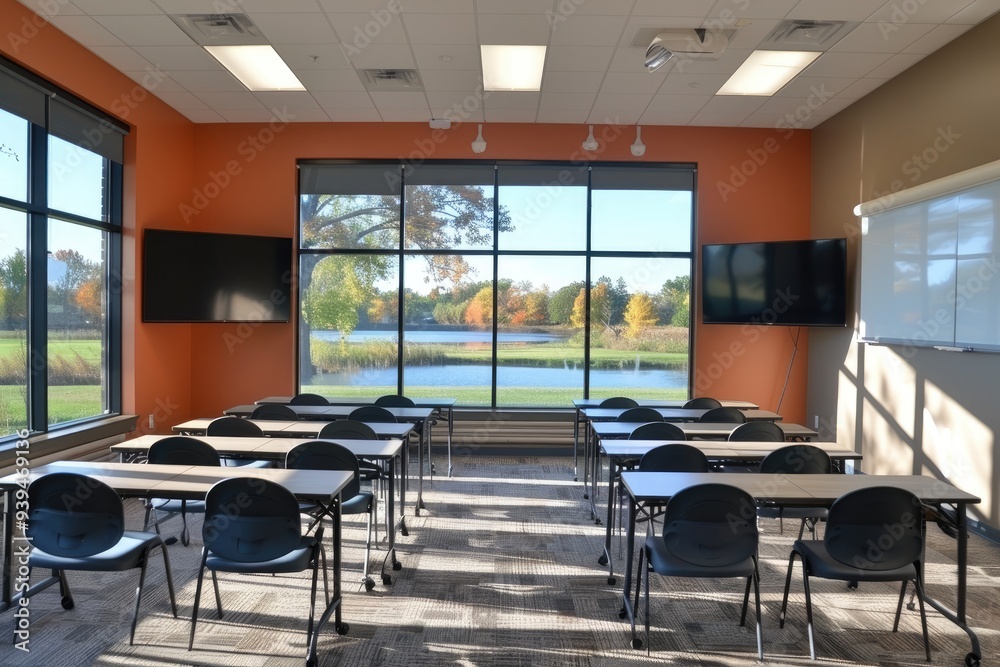 Empty Classroom with Lake View and Folding Tables and Chairs Empty Classroom with Lake View and Folding Tables and Chairs