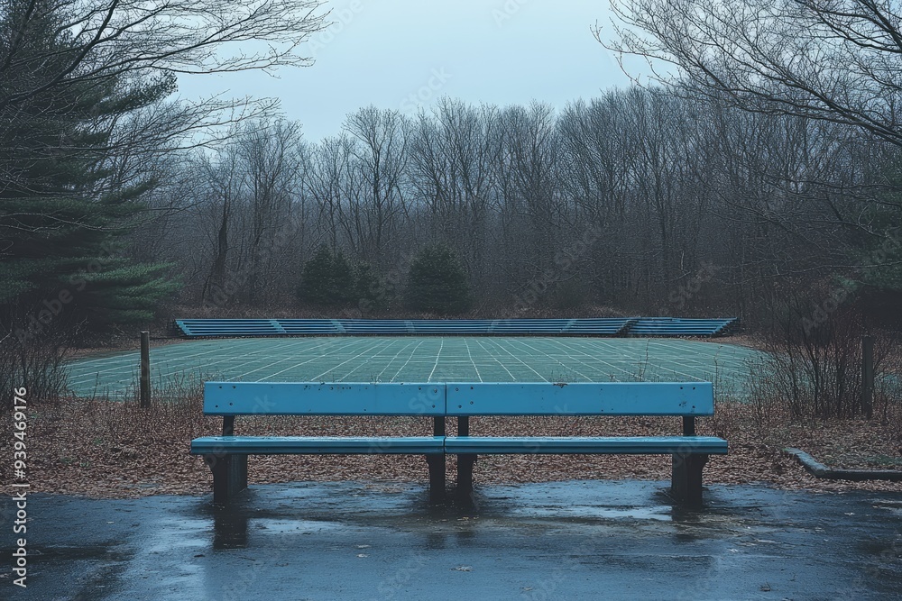 Obraz premium Empty Blue Bench Before a Bleacherless Field