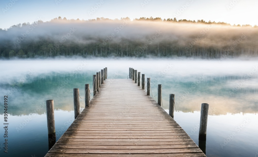 Naklejka premium Serene Wooden Pier Extending into a Misty Lake at Sunrise