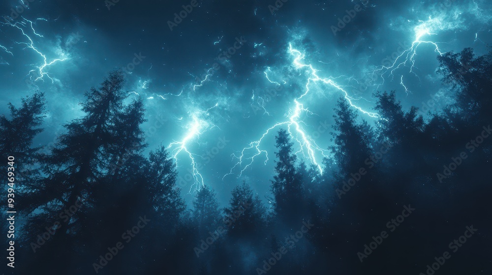 A dramatic night scene featuring trees silhouetted against a stormy sky with lightning.