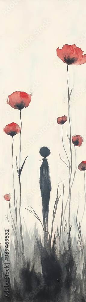 Obraz premium A whimsical watercolor illustration featuring a solitary figure among vibrant red flowers, evoking feelings of calm and introspection.