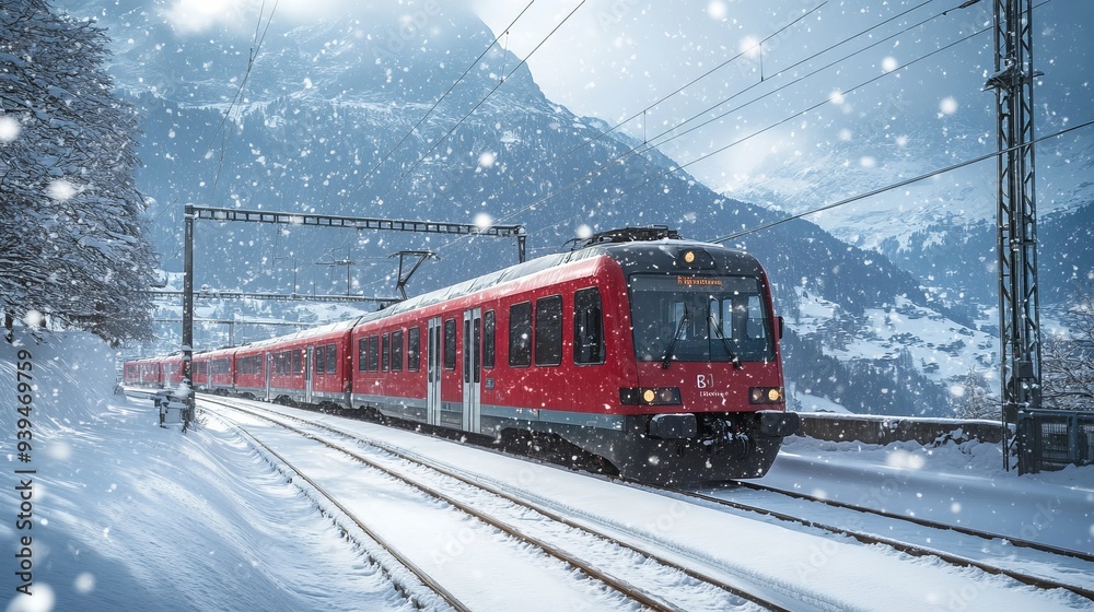 Snow falling and Train passing through famous mountain in Filisur, Switzerland. Train express in Swiss Alps snow winter scenery Snow falling and Train passing through famous mountain in Filisur, Switzerland. Train express in Swiss Alps snow winter scenery