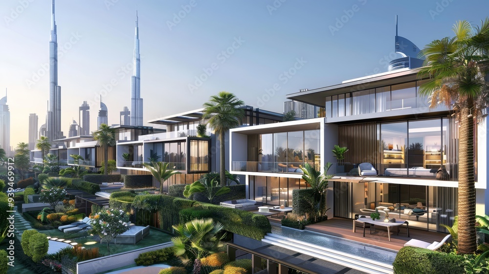 Obraz premium A stunning row of modern villas adorned with lush greenery, set against the magnificent Dubai city skyline.