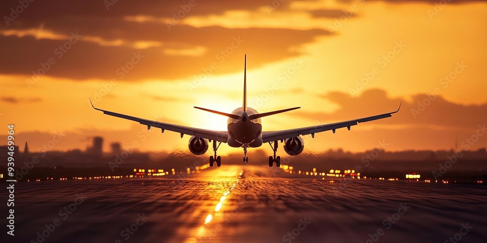 An airplane silhouetted against a stunning sunset, preparing for takeoff on a runway, capturing the essence of travel and adventure. An airplane silhouetted against a stunning sunset, preparing for takeoff on a runway, capturing the essence of travel and adventure.
