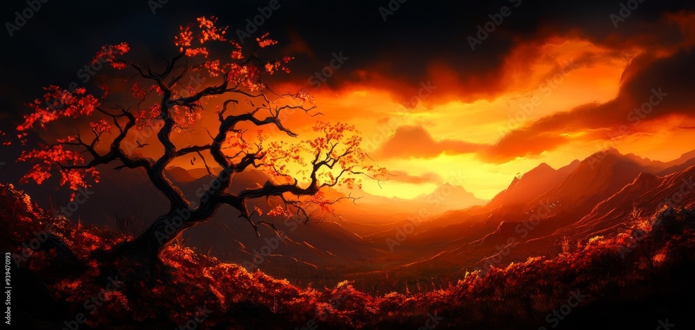 Breathtaking sunset over mountains, showcasing a silhouetted tree against vibrant orange and red skies, evoking tranquility and beauty. Breathtaking sunset over mountains, showcasing a silhouetted tree against vibrant orange and red skies, evoking tranquility and beauty.