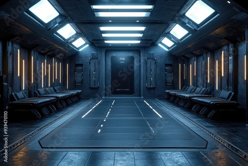 Fototapeta Naklejka Na Ścianę i Meble -  Futuristic spaceship corridor with rows of seats and a glowing path