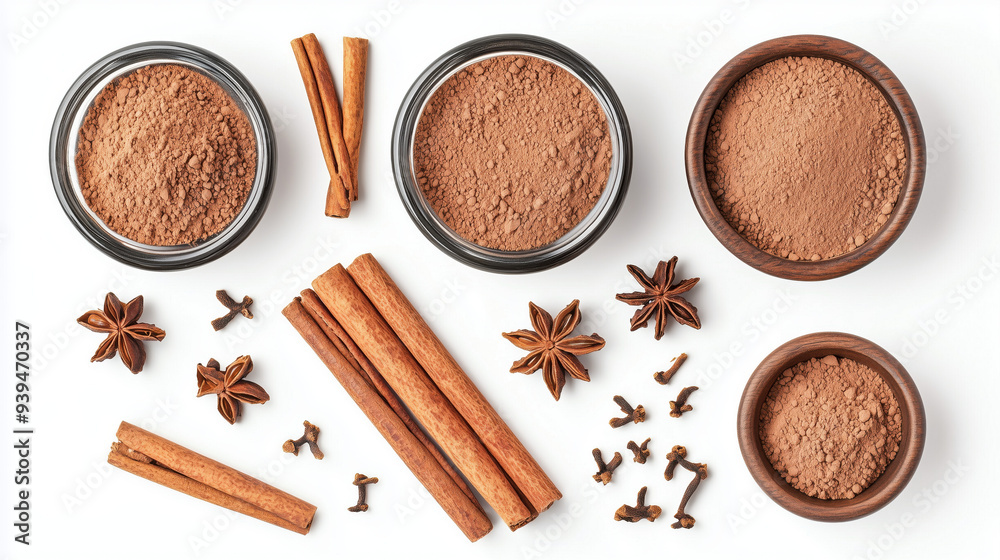 Cinnamon sticks and cinnamon powder in a wooden bowl isolated on a white background 