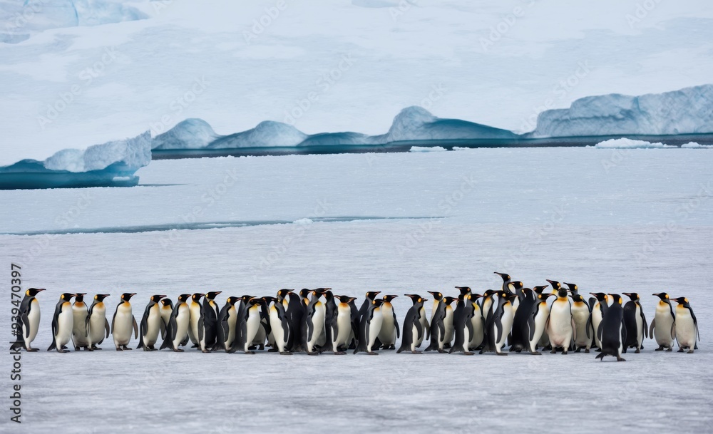 Obraz premium Emperor Penguins Huddled Together on Antarctic Ice Sheet