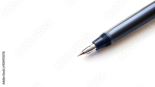 Closeup photograph of a classic ballpoint pen with the cap removed isolated on a plain white background with ample space for text logos or branding The pen is positioned in a simple